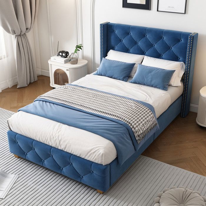 Piaenon - Lit capitonné 90x200 cm simple avec boutons clous décoratifs et sommier - Velours - Bleu