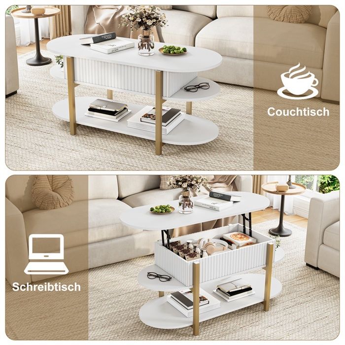 Table basse relevable 106x45x50 cm - Plateau relevable avec coffre et 2 étagères de rangement - Ovale - Blanc