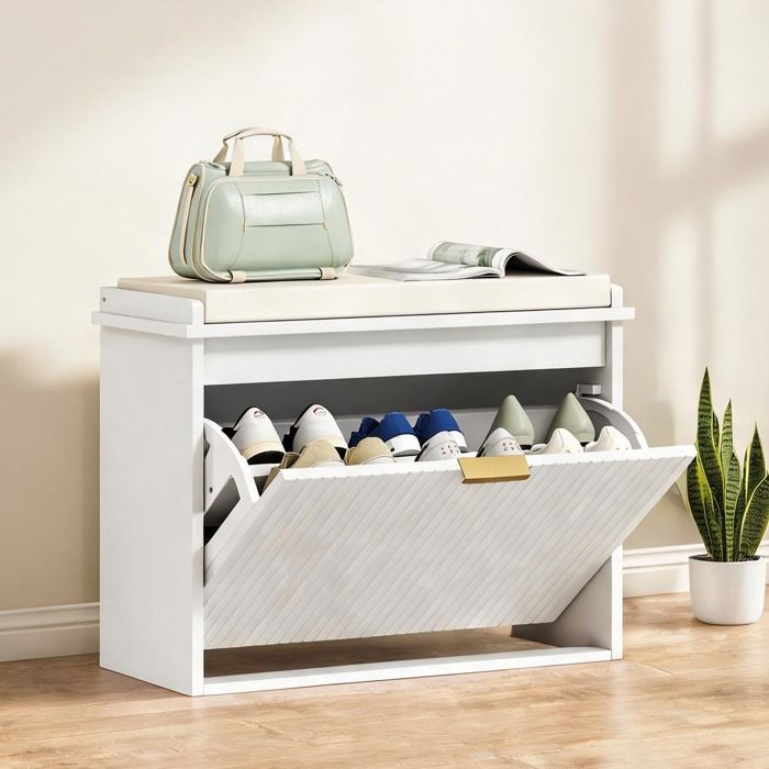 Banc de rangement avec coussin et tiroirs pour chaussures MDF blanc 62 x 26 x 47 5 cm