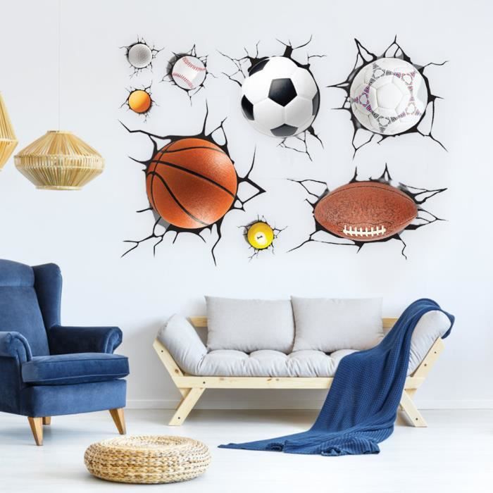 Akozon autocollant mural auto-adhésif Autocollant Mural de basket-ball 3D,  boules de décalcomanie traversant le deco decoration