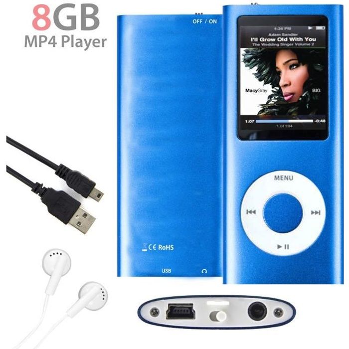 Lecteur MP3 MP4 8Go Bleu - Radio FM Musique Jeux - Écouteurs + USB Cable - Bluetooth