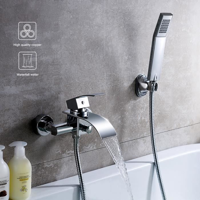 Mitigeur de Baignoire Cascade Robinet de Douche Mural avec Douchette à  Mains Laiton Chromé - HOMELODY - Cdiscount Bricolage