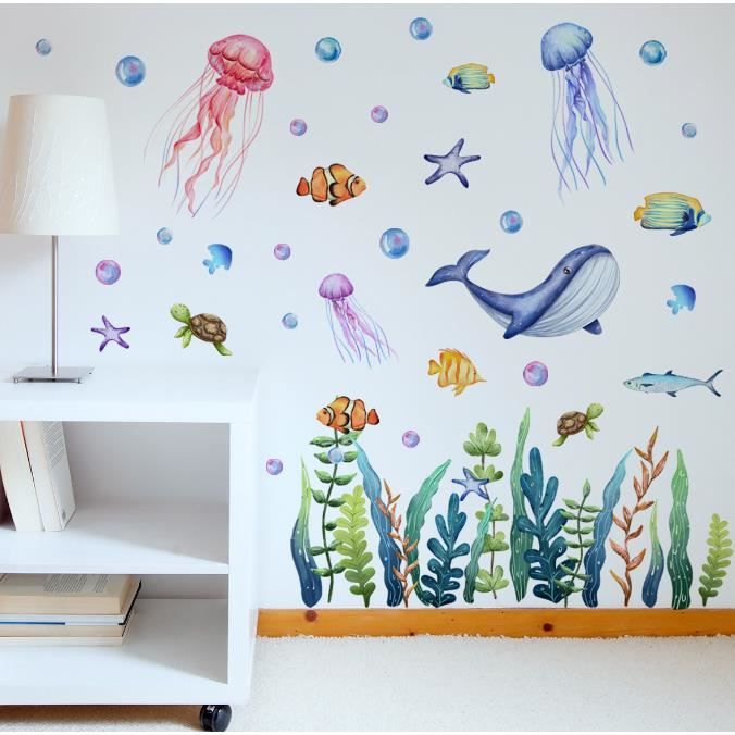 Autocollants Muraux "Sous La Mer" - Dauphins, Poissons, 8 Stickers Vinyle Pour Chambre D'enfant
