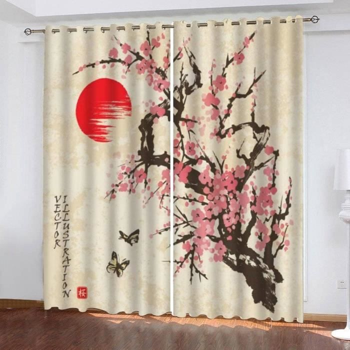 Lot De 2 Rideaux Occultants Motif Torii Et Cerisiers En Fleurs – 75x166 Cm, Polyester, Oeillets, Pour Chambre/salon