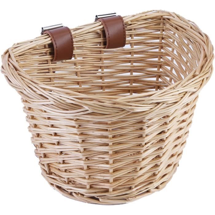 Panier avant de vélo rétro en osier, fait main, avec sangles en cuir Panier avant de vélo rétro en osier, fait main, avec sangles en cuir
