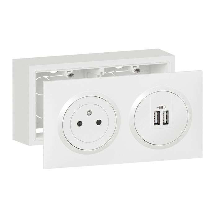 Kit prise 2P+T + double chargeur USB Dooxie - Saillie - Blanc