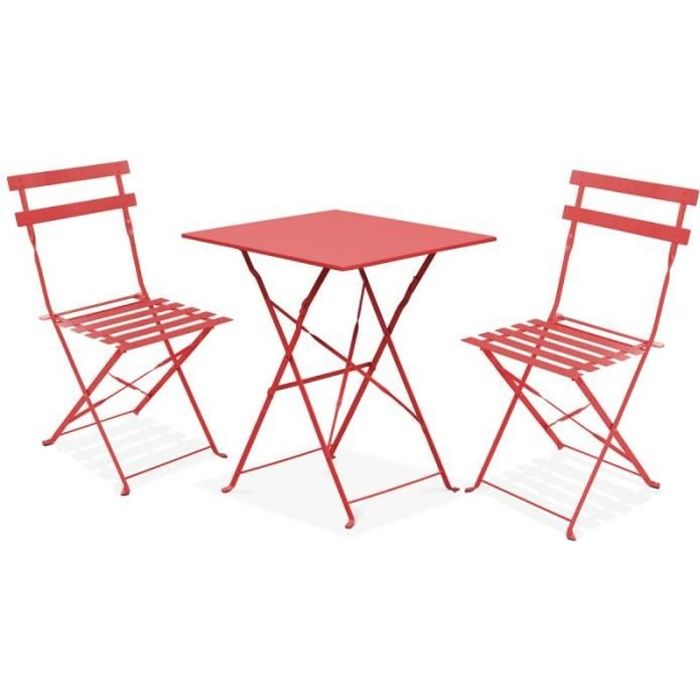 table bistrot de jardin et 2 chaises pliantes - oviala - acier - rouge