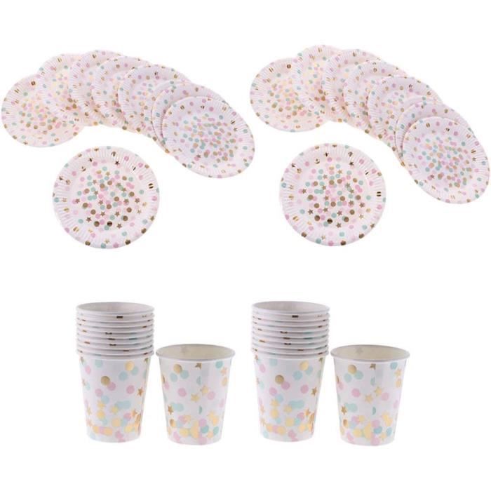 Lot Vaisselle Jetable Fête 96 Pièces - Assiettes, Serviettes, Gobelets Blanc à Pois Multicolores - Parfait Anniversaire Enfants & Adultes
