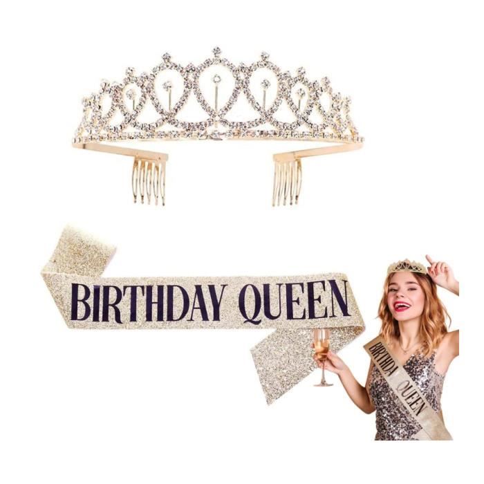 Kit Décoration Anniversaire "Birthday Queen" - Diadème Strass + écharpe Pailletée - Taille Unique - Pour Fête, Soirée