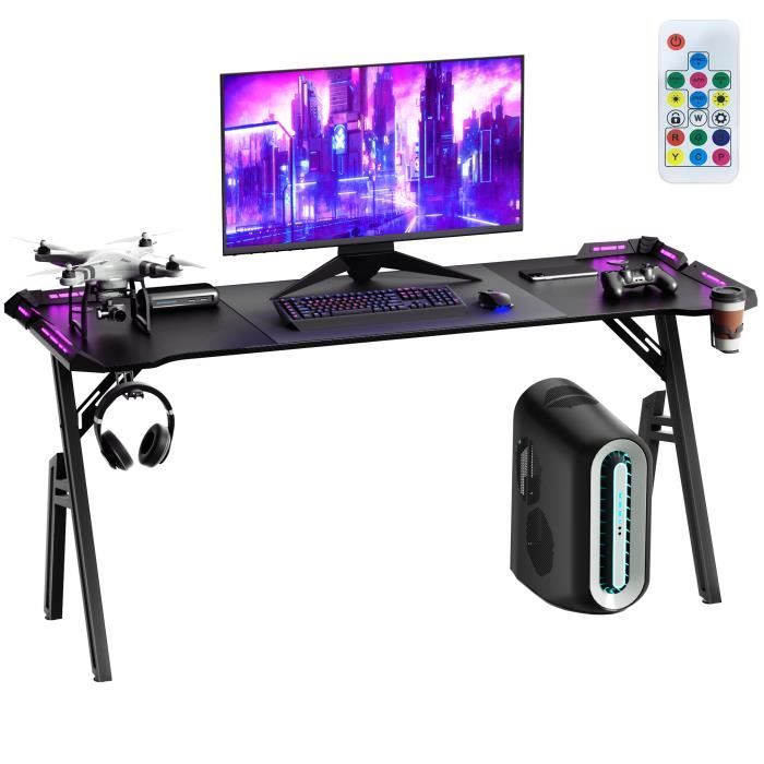 Aufun Bureau Gaming LED 120×60 Cm – Fibre De Carbone, RGB Télécommandée, Crochet & Porte-Gobelet – Noir