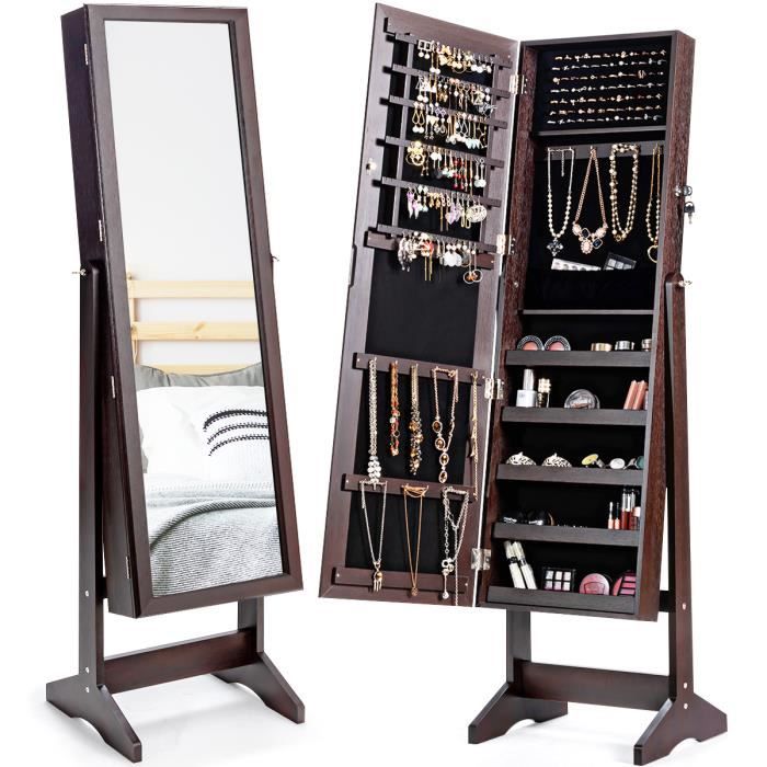 costway armoire à bijoux sur pied avec miroir psyché inclinable à 4 angles, rangement et présentoir pour bijoux marron