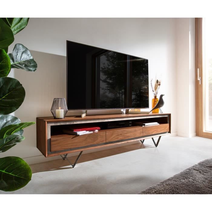 meuble-tv stonegrace acacia marron plaqué pierre 175 cm 3 tiroirs 1 compartiment pied en v noir lowboard