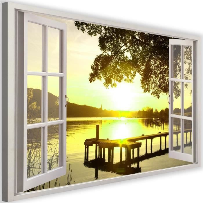 Tableau Décoration Murale Coucher de soleil Arbre Vue 60x40 cm Impression sur Toile Eau Paysage Noir et blanc Tableaux pour salon - Maison