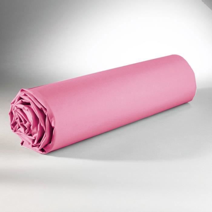 Drap housse - Coton - 160 x 200 cm - Rose - Élastiqué - Lavable en machine