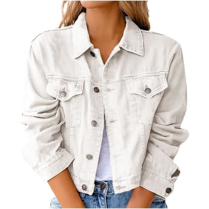 BLOUSON - PERFECTO - BOMBER Veste Jean Femme Mode Manteau en Denim A Manche Longues Slim Fit Hiver Blouson Femme Veste Blanc