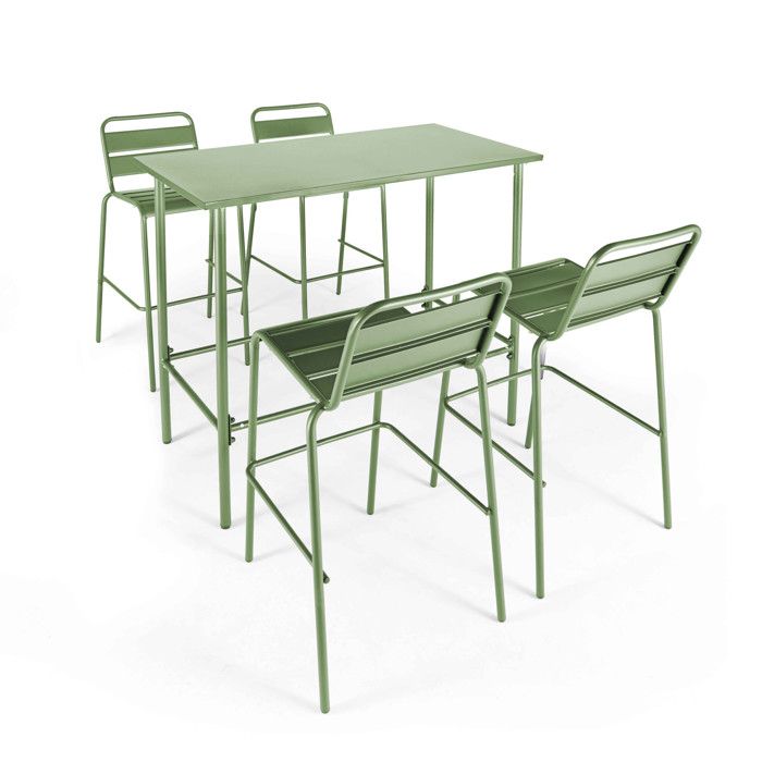 Ensemble table haute et 4 chaises de bar en métal vert cactus Palavas