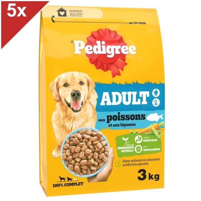 Comparer les prix de PEDIGREE Croquettes aux Poissons et aux Legumes pour chien adulte >10kg 5x3kg