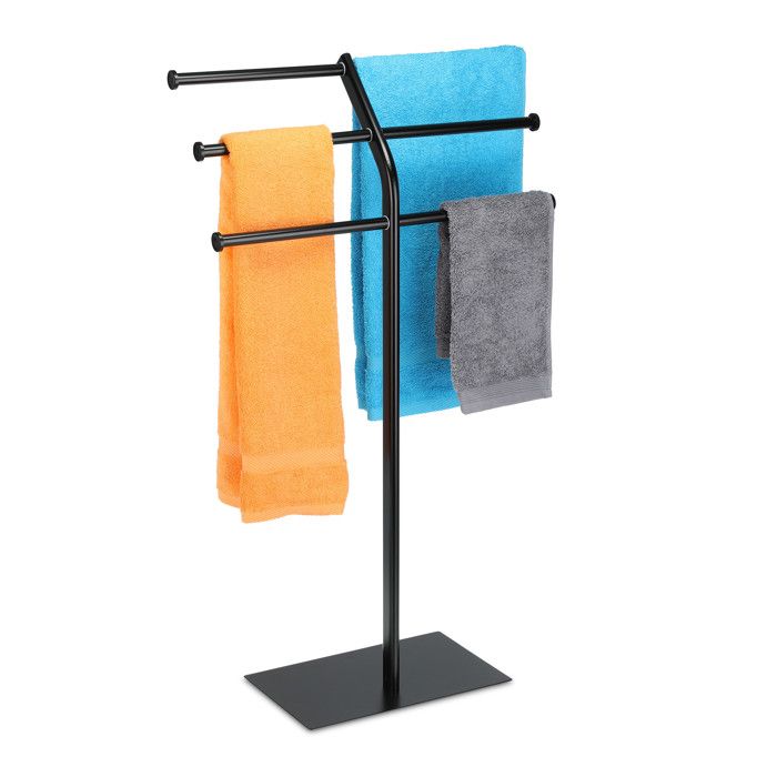 Relaxdays Porte-serviettes 3 barres 6 serviettes sur pied salle de bain cuisine fer HLP : 87x50 5x20 5 cm noir