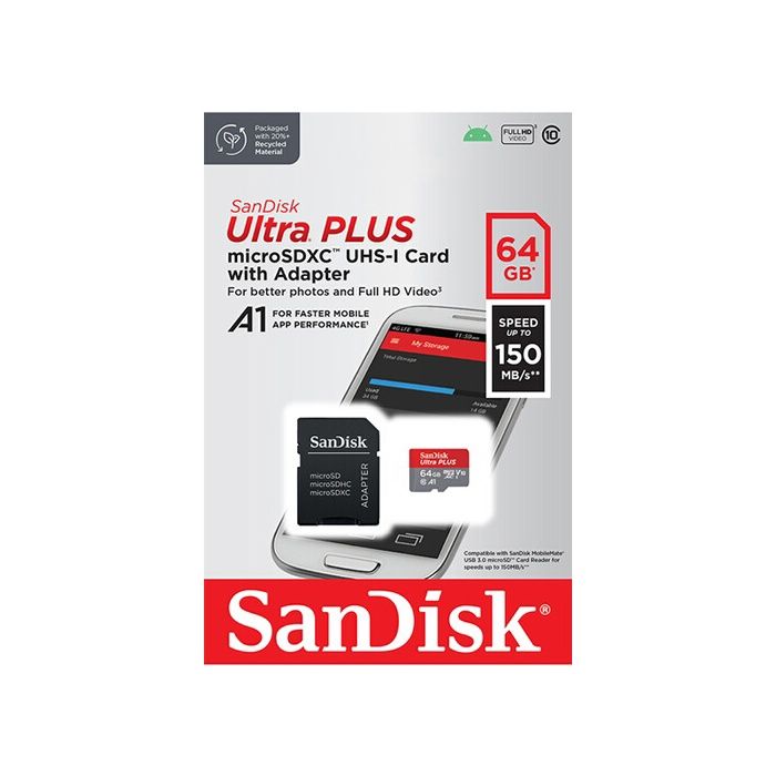 Carte mémoire SDXC 64GB - SANDISK - Ultra PLUS - 150MB/s - Adaptateur SD inclus - Fiable