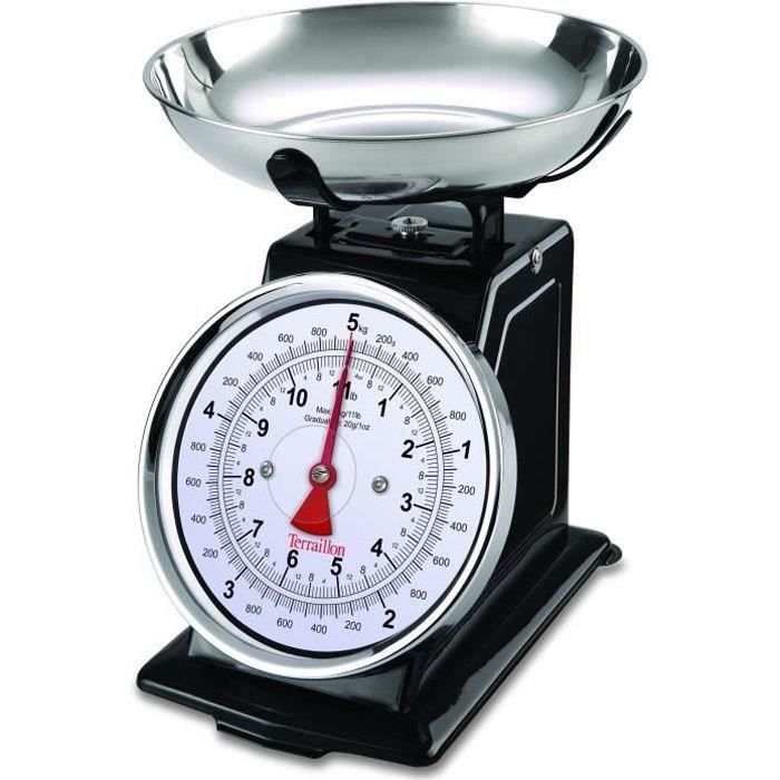 terraillon 14477 balance mécanique rétro déco - 5 kg - bol 1l - large cadran - metal - noire