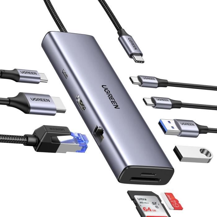 UGREEN Revodok 9 en 1 Hub USB C Ethernet HDMI 4K 60Hz 100W PD Adaptateur USB C vers RJ45 USB Multiport Lecteur de Carte SD