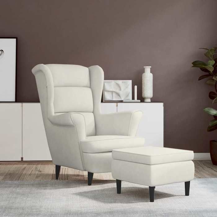 vidaXL Fauteuil à oreilles avec tabouret crème velours 3115940