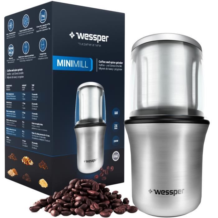 OMISOON Moulin à Café Électrique 200W - 70g Broyeur Grains Café, Épices Et Noix - Bol Inox Amovible