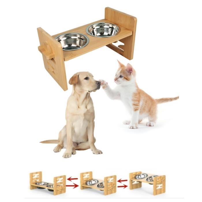 Comparer les prix de Gamelle surélevée pour chat et chien en bambou avec 2 bols en inox - XUANYU