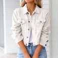 BLOUSON - PERFECTO - BOMBER Veste Jean Femme Mode Manteau en Denim A Manche Longues Slim Fit Hiver Blouson Femme Veste Blanc-1