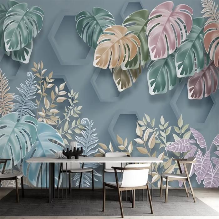 Papier Peint Panoramique 3D tropical plantes feuilles fond d'écran ...