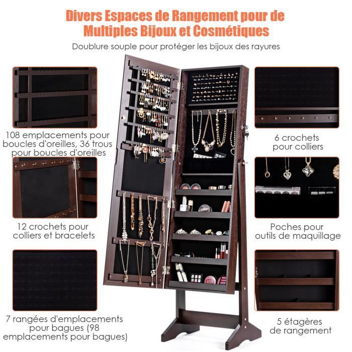 Armoire à Bijoux Sur Pied COSTWAY Avec Miroir Et LED - 36x33,5x154 Cm - Noir/Marron