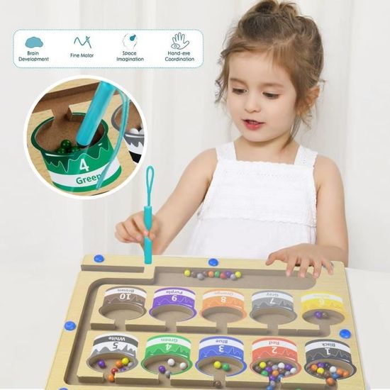 VingaHouse Labyrinthe Magnétique Montessori En Bois - Perles De Couleur - 3-5 Ans - Motricité Fine