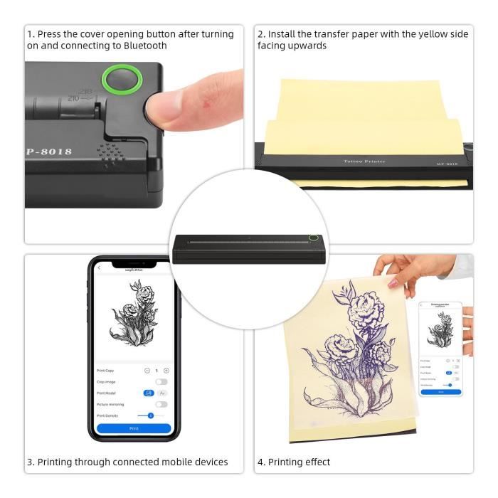 Phomemo TP81 Imprimante Tatouage Avec 4 Gels Et 20 Papiers Transfert - Thermocopieur Pour Tatouages Temporaires, Bluetooth/USB