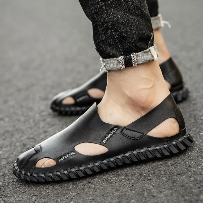 Sandales Homme Nu pieds Cuir Chaussure Homme Noir Noir Cdiscount Chaussures