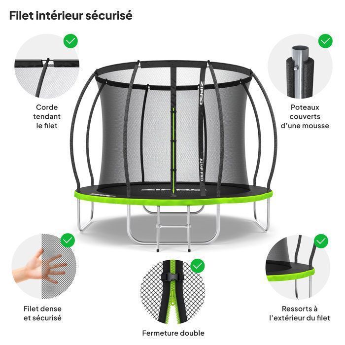ZIPRO Trampoline Extérieur - Trampoline de Jardin Rectangulaire avec Filet de Sécurité, Tapis de Saut et Échelle - Trampoline Familial Charge Max 150 kg - JumpPro Quadro 366/472 cm