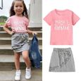 1-5 Ans Bébé Enfant Fille 2 PCS Ensemble de Vêtement Été : Tee Shirt Rose Manches Courtes + Jupe Gris-0