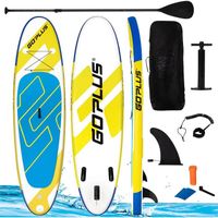 GYMAX Stand Up Paddle Board Gonflable 305x76x16 CM, Planche en PVC avec Pagaie Réglable 160-210 CM, avec Sac à Dos, Bleu et Jaune