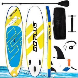 STAND UP PADDLE GYMAX Stand Up Paddle Board Gonflable 305x76x16 CM, Planche en PVC avec Pagaie Réglable 160-210 CM, avec Sac à Dos, Bleu et Jaune