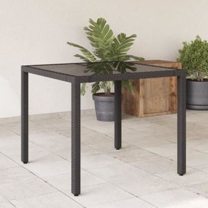 TABLE DE JARDIN  Meuble Table de jardin - dessus en verre - Noir - 90x90x75 cm - Résine tressée 16 KG