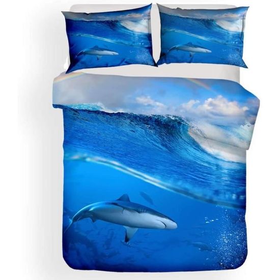 YELDAN Parure De Lit Requin Baleine Animaux Marins, Housse De Couette 200x200 Imprimée - Set Housse De Couette 2 Personne En Microfibre Avec Fermeture Éclair, 2 Taie D'oreiller 65x65 Cm