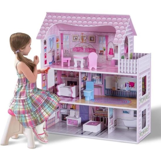 Maison de poupée en bois enfant 3 étages avec 13 accessoires mobilier  blanche Farmhouse - N/A - Kiabi - 147.49€