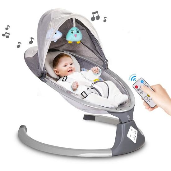 HXEIBUE Balancelle bébé électrique, Transat bébé - 5 vitesses d'oscillation - Télécommande - Timeable 15/30/45 minutes - Gris