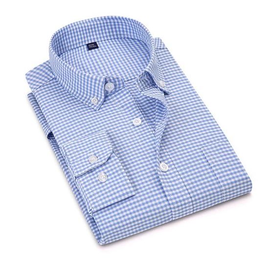Chemise Homme 100Coton sans Repassage à Carreaux Manches Longues Respirante Bleu Bleu