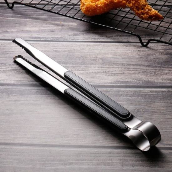 Lot De 3 Pinces De Cuisine En Inox Avec Têtes En Silicone Noir - 27 Cm, Support Inclus - Pour Barbecue, Grill, Service