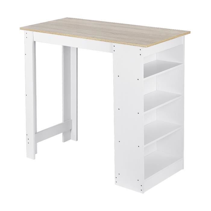 Table Haute Table de Bar Mange-debout avec 4 étagères de rangements – Décor chêne et blanc
