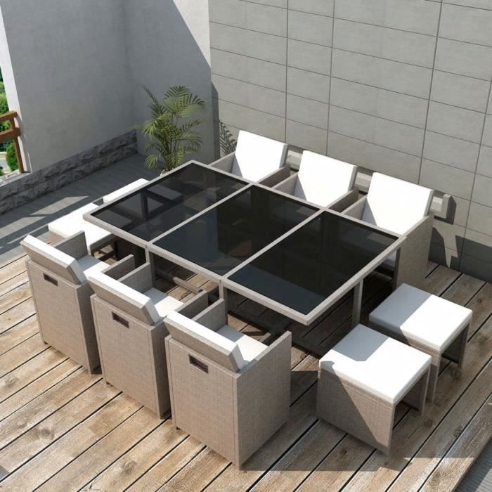 Mobilier de jardin avec coussins 11 pcs Résine tressée Beige