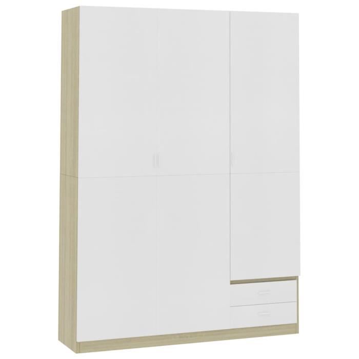 Armoire de rangement Garde-robe Armoire de chambre armoire à linge à 3 portes Blanc-Chêne sonoma 120x50x180cm Aggloméré