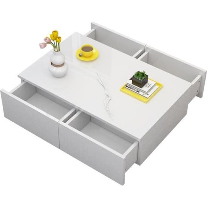 Table basse style contempoVQUn laqué blanc brillant 4 tiroirs -VQU