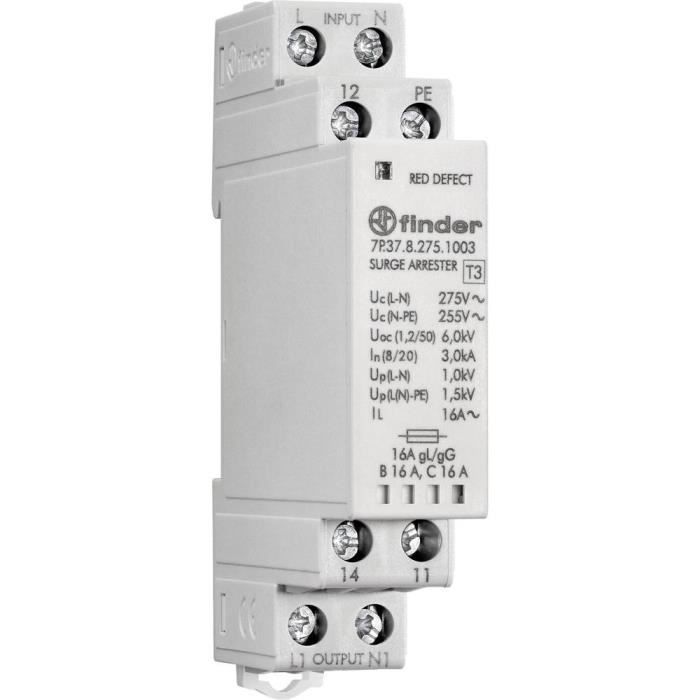 Disjoncteur Finder SPD Typ 3 7P.37.8.275.1003 gris 16 A 1 inverseur (RT) 230 V Type de conducteur = L, PE, N 1 pc(s) - COMPOSANT DE