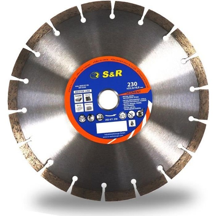 S&R Disque diamant 230 à Béton. Meule à tronçonner standard soudé au laser. Universel pour Béton, Pierre, Brique